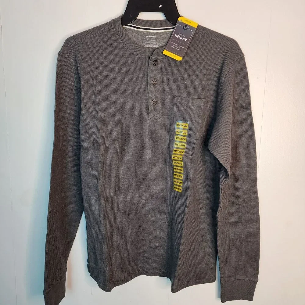 Members Mark Mens Thermal Henley Shirt Charcoal Grey Heather Long Sleeve Medium